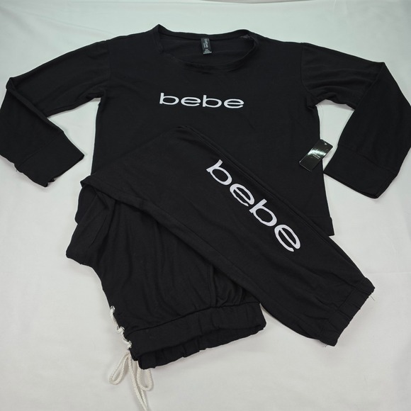 bebe Other - Bebe Sleepwear Women 2 Piece Pajama Set Black Logo Long Sleeve Jogger Medium NWT